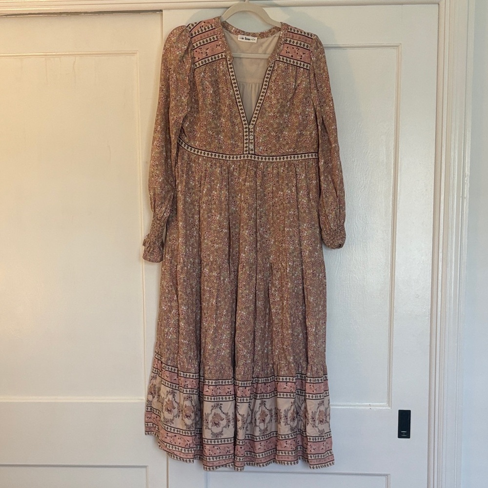 In Bloom Long Sleeve Floral Dress - Brown and Cream